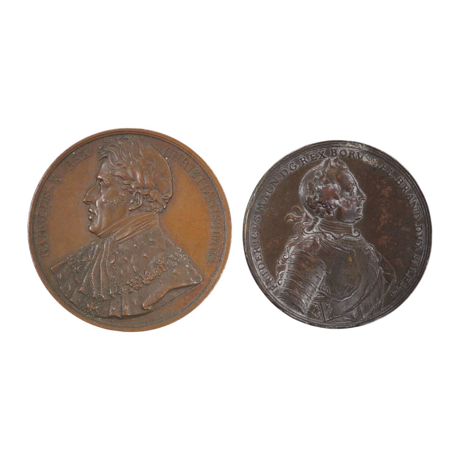 European Historic Medals, Frederick the Great Battle of Prague bronze medal, 1757, and Charles X of France coronation bronze medal, by E. Cannois, 1825 (2)